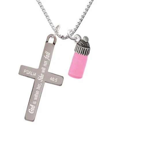 3-D Pink Baby Bottle - She will not Fall - Cross Necklace (1)