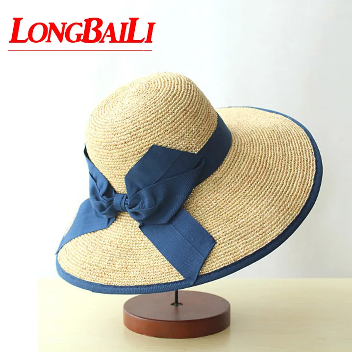 Высокое качество 59 см большой Headsize рафии гибкие соломенные шляпы для Для женщин Большой Брим Лук солнце пляжные Кепки SWDS004