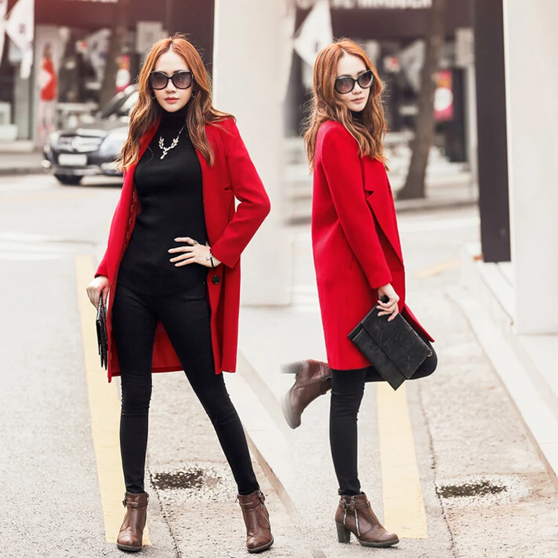 Элегантное женское зимнее шерстяное пальто с длинными рукавами красного и черного цвета, новинка