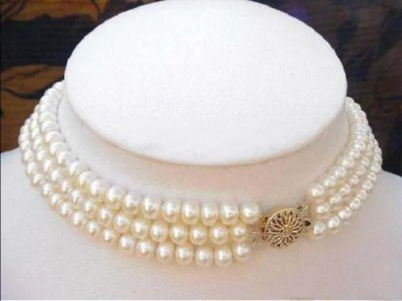 

very good Real Cultivation Pearl 3 Strand 7-8MM White Pearl Choker Necklace Wholesale 18K GP Gold hook Free Shipping
