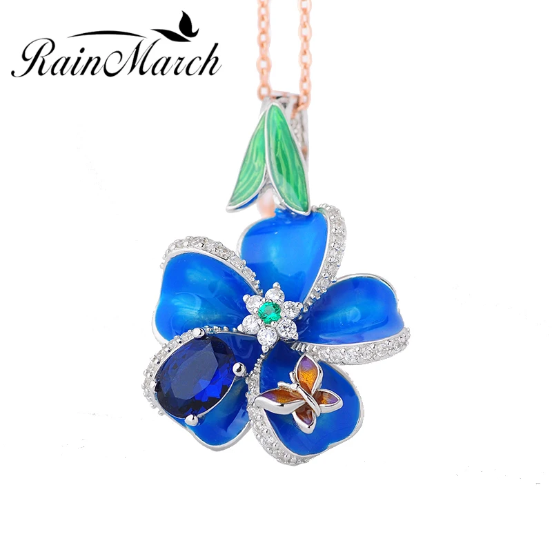 

RainMarch 925 Sterling Silver Pendant For Women Necklace Blue Enamel Flower necklace Pendant With CZ Enamel Jewelry accessories