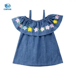 Милые девушки летом на платье с цветочным рисунком одежда для малышей Дети девушка Повседневное деним вышивка цветок Летнее платье