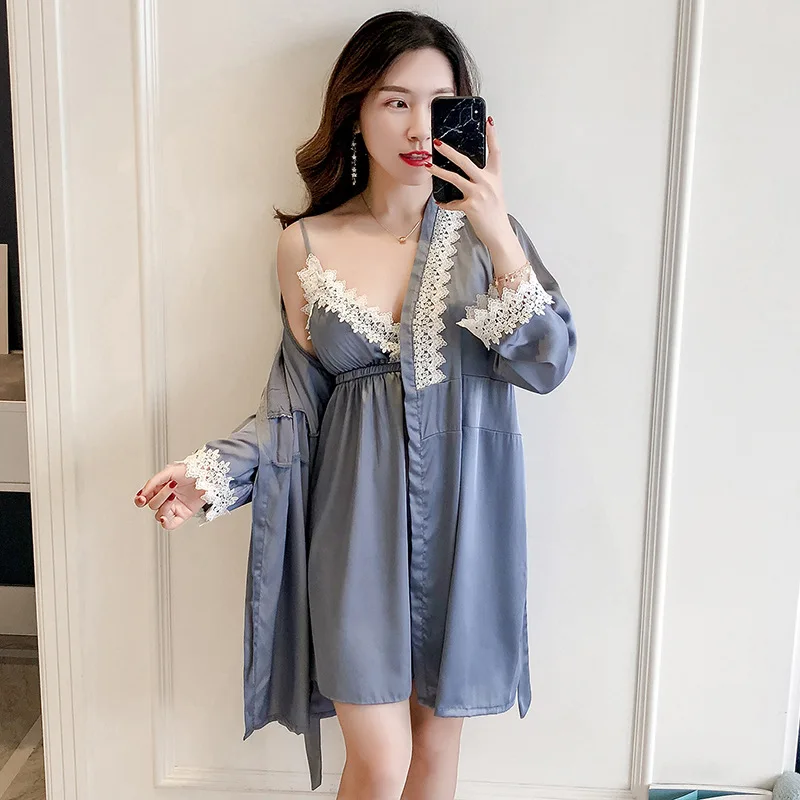 Серый женский топ из 2 предметов на бретелях Пижама комплекты одежды для сна Женская домашняя одежда спальный костюм соблазнительное кимоно халат пижамы m-xl