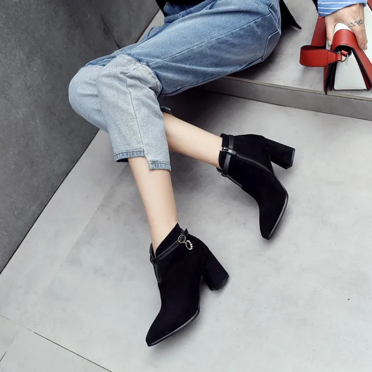 

Big Size 11 12 13 14 15 16 Suede pointed thick heel high heel side zipper metal decorative belt buckle square heel boots