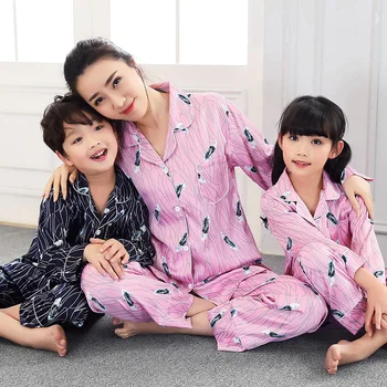

Family Matching Pajamas Sets Mother Daughter Son Fits Feather Print Long Sleeve Ice Silk Family Matching Sleepwear Nightwear