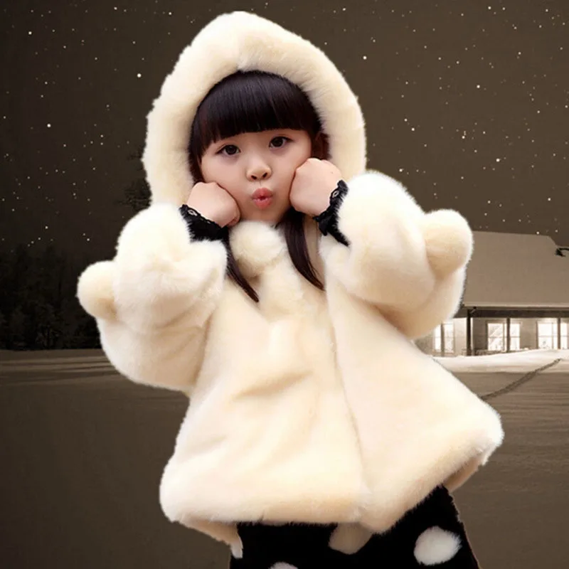 

Girl clothes children elegant faux fur boutique coat outerwear warm for winter wool hooded kids jacket free shipping clothing