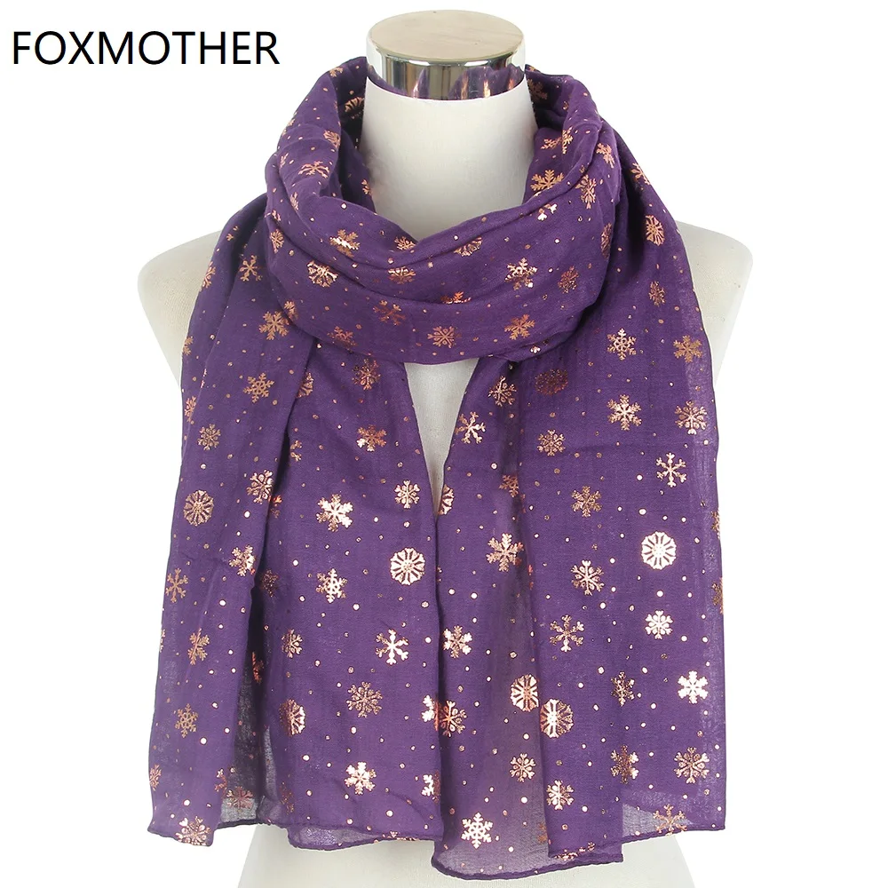 

FOXMOTHER New Autumn Purple Navy Color Foil Gold Snowflake Scarfs Hijab Echarpe Wraps Glitter Shawl Foulard Women