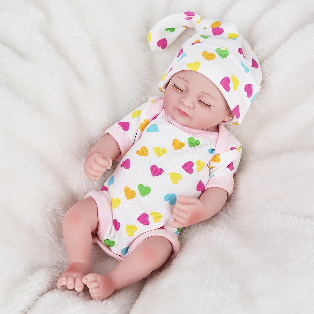 

NPK DOLL Mini Alive Reborn Baby Sleeping Girl Full Vinyl Soft Touch Lovely 10 inch Colorful Heart Romper Christmas Gift