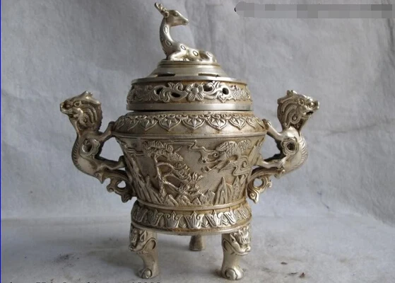 

song voge gem S0374 China White Copper Silver Folk temple crane pinaster deer Censer incense burner