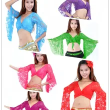 13 конфетных цветов, одежда для танца живота, топы для женщин, сексуальный кружевной топ, топ с перекрещивающимися спереди бретелями и глубоким v-образным вырезом, топ с расклешенными рукавами