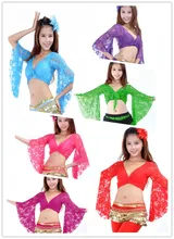 Belly Dance Clothes Tops Women Sexy Lace Top Front Cross Crop Halter Deep V Neck soft fabric Flare Sleeve Top 13 Colors sexy black criss cross round neck crop top