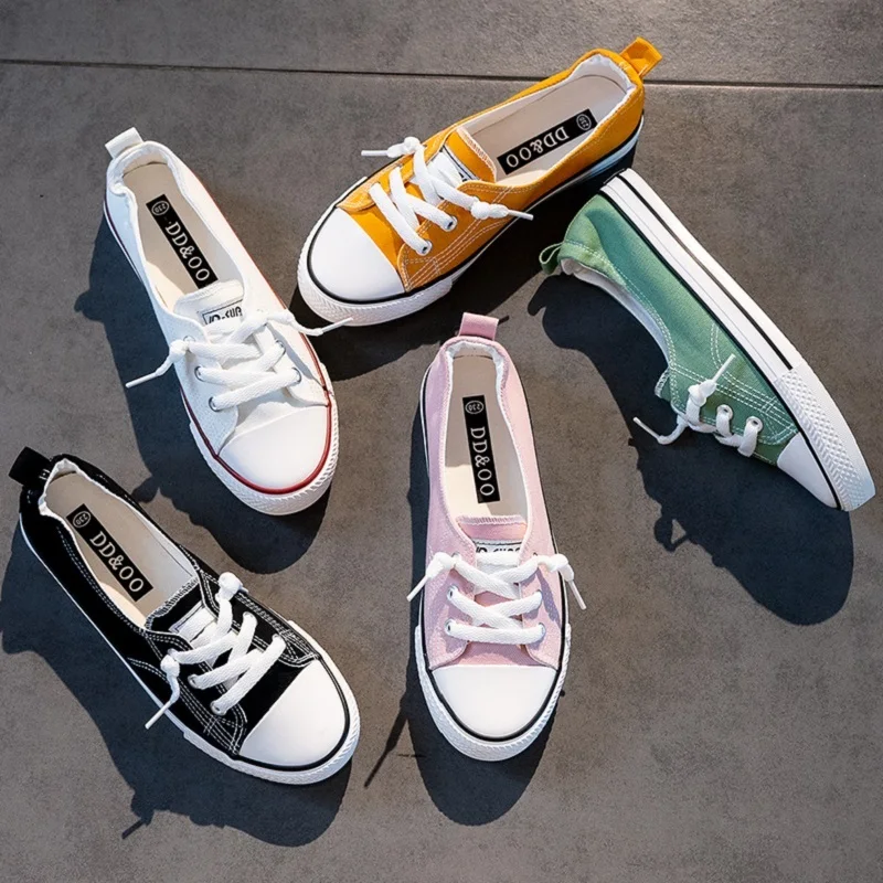 

2019 spring and summer shallow mouth lace-up canvas shoes women's shoes without heel shoes