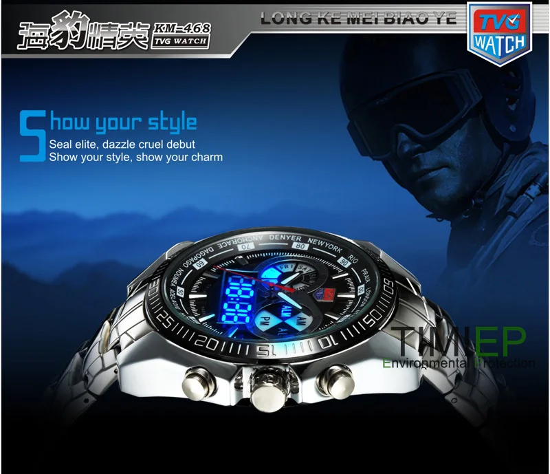  TVG Mens 2019 Hight Quality Full Steel Clock Blue Binary Pointer LED Digital Watch Military Sport W