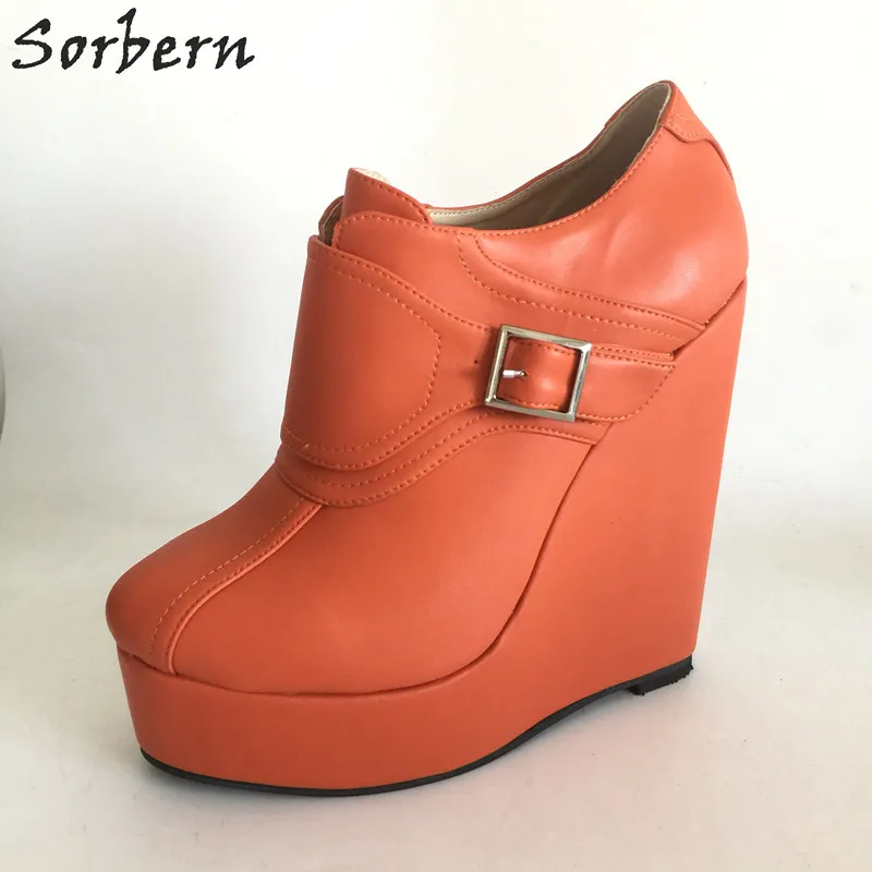 

Sorbern Orange Round Toe Large Ankle Boots For Women Booties Thick Platform Wedge High Heels Plus Size Platform Boots 34-46
