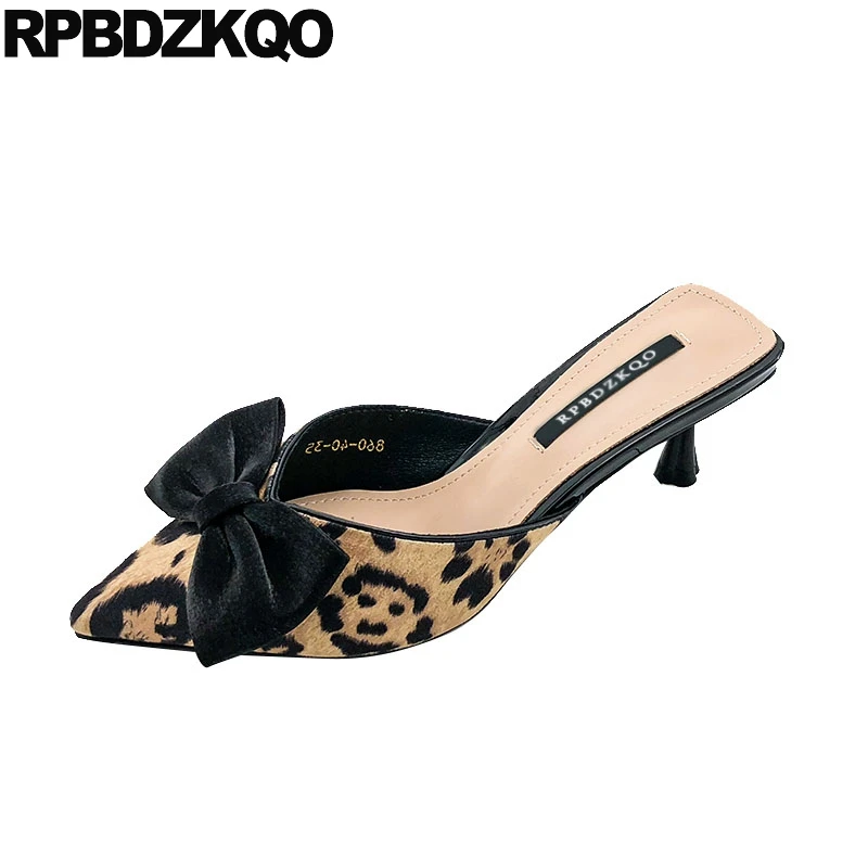 

bow pointed toe sandals pumps novelty shoes women special strange suede mules slipper leopard print high heels medium kitten