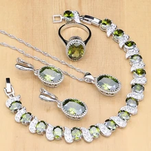 925 пробы серебряные Свадебные Ювелирные наборы оливковый зеленый цирконий бусины для женщин серьги/кулон/кольца/браслет/ожерелье