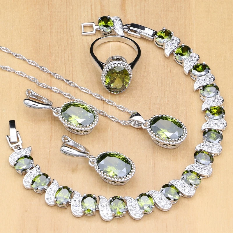 Buy 925 Sterling Silver Bridal Jewelry Sets Olive Green Zircon Beads For Women