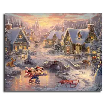 

Thomas Kinkade Mickey and Minnie Sweetheart Holiday Nursery Kids Wall Art Painting Decorative Picture for Modern Home Decoration