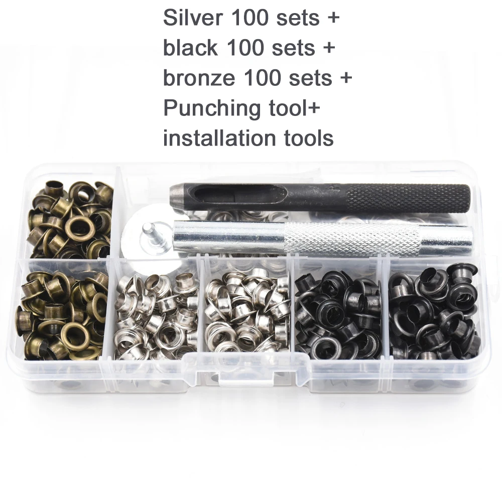 

300 sets 3.5-5mm metal eyelets and installation tools Silver black bronze mixed packaging Rivets Metal hole Eyelet tool Buttons