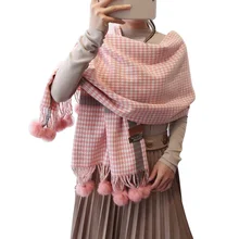 Высококачественный клетчатый меховой шарф для женщин, брендовый дизайнерский Женский кашемировый палантин, Модное пончо с помпонами, зимняя теплая плотная шаль