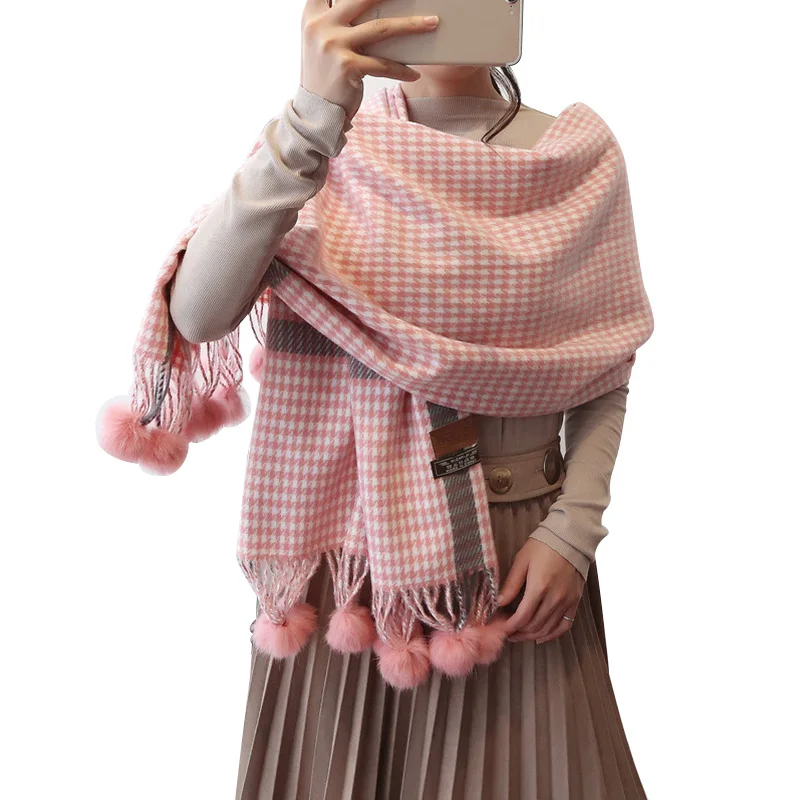 

High Quality Soft Scarf For Women Brand Houndstooth Female Cashmere Stole Fashion Pom-pom Cashmere Poncho Wrap Winter Long Shawl