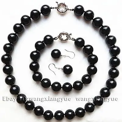 

12mm Natural Black Rich Agate Necklace bracelet Earrings Set >AAA 18K GP Plated gold Bridal wide watch wings queen JEWE