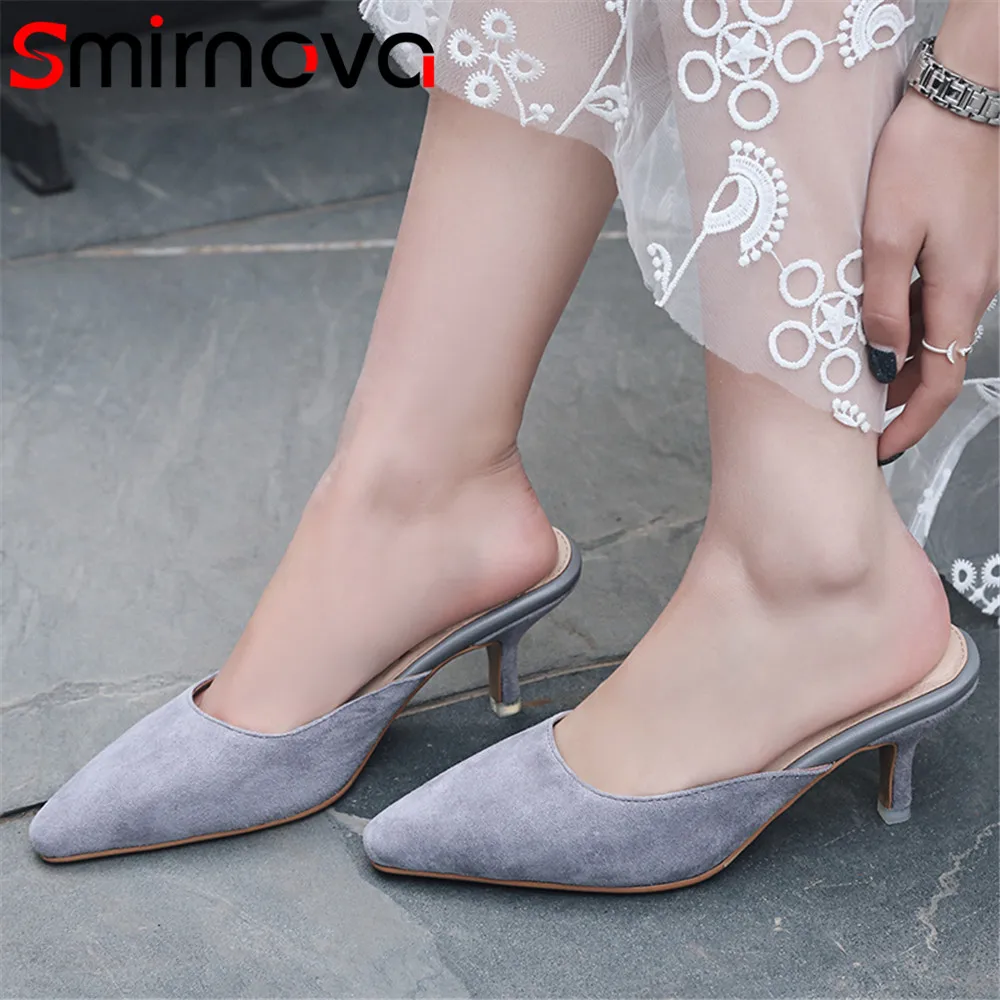

Smirnova 2018 fashion summer new shoes woman shallow casual mules shoes elegant sandals wowen suede leather high heels shoes