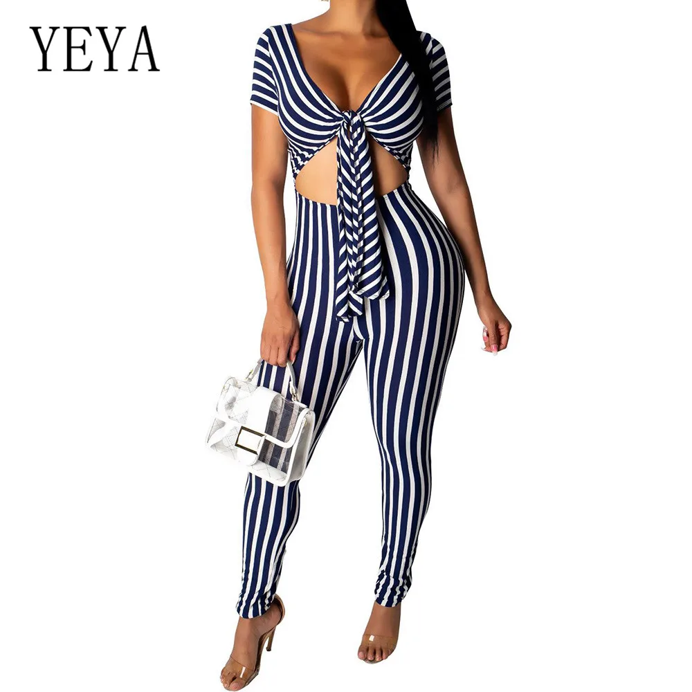 YEYA Women Jumpsuits Rompers Fashion Dynamic Striped Playsuits Sexy V Neck Short Sleeve Casual Bodycon Bandage Black Overalls YEYA Women Jumpsuits Rompers Fashion Dynamic Striped Playsuits Sexy V Neck Short Sleeve Casual Bodycon Bandage Black Overalls