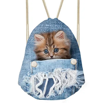 

ThiKin Cute Women Drawstring Bag Blue 3D Animal Denim Cat Dog String School Backpack Mini Travel Backbag Storage Bag