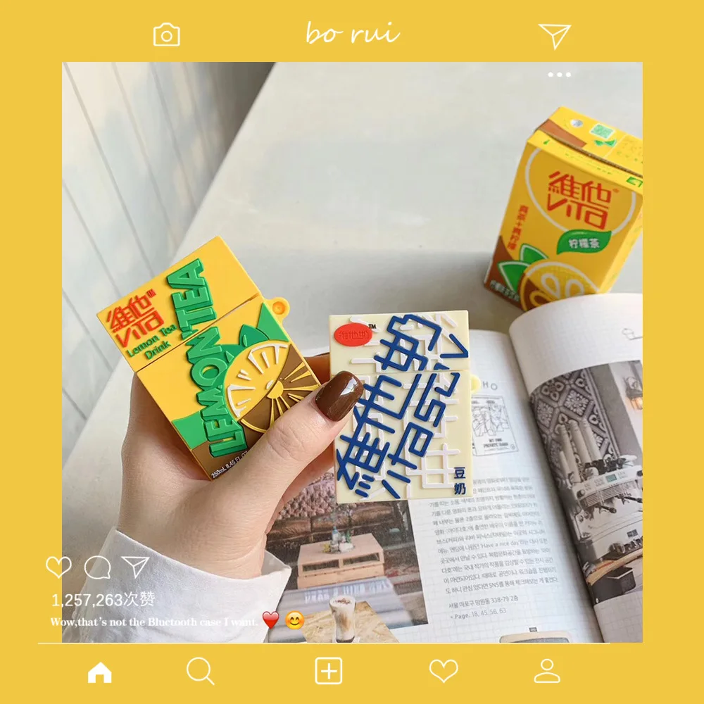 

3D Chinese Style vitamin lemon Drink bottle Keychain for Apple Airpods Case Accessories Bluetooth Earphone Protect Cover Keyring