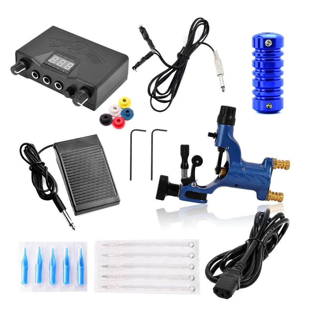 

Kit Maquina De Tatuagem Complete Tattoo Kit Needles And Tips Black Tattoo Power Supply Blue Grip Machine Pedal