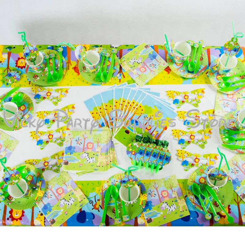 

Cartoon Jungle Animals Theme Party Disposable Tableware Cup Plate Kids Baby Shower Birthday Flag Party Decorations Supplies
