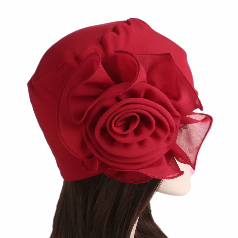 New Woman Beautiful Flower Turban Elastic Cloth Head Cap Hat Muslim Women's Hijabs Ladies Hair Accessories Scarf Cap 2