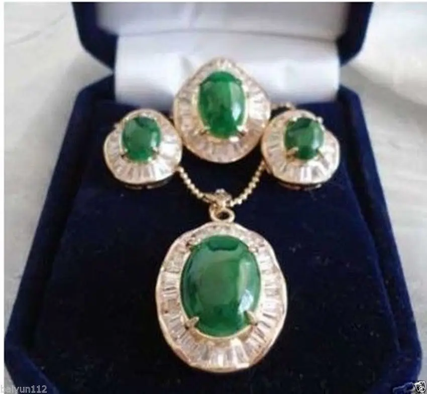 

Jewelry 001243 Green Jade inlay zircon Earring Pendant Ring Sets