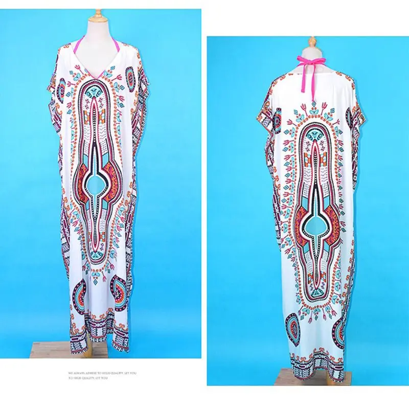 Women Vacation Deep V-Neck Kaftan Swimsuit Cover Up Ethnic Colored Geometric Floral Printed Beach Maxi Dress Oversized Long Robe