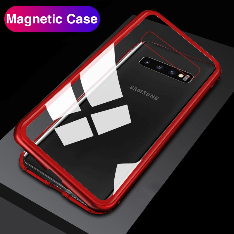 

Adsorption Magnet Flip Case for Samsung Galaxy S10 Plus Case Magnetic Metal Clear Tempered Glass Cover for Samsung S10 Plus S10e