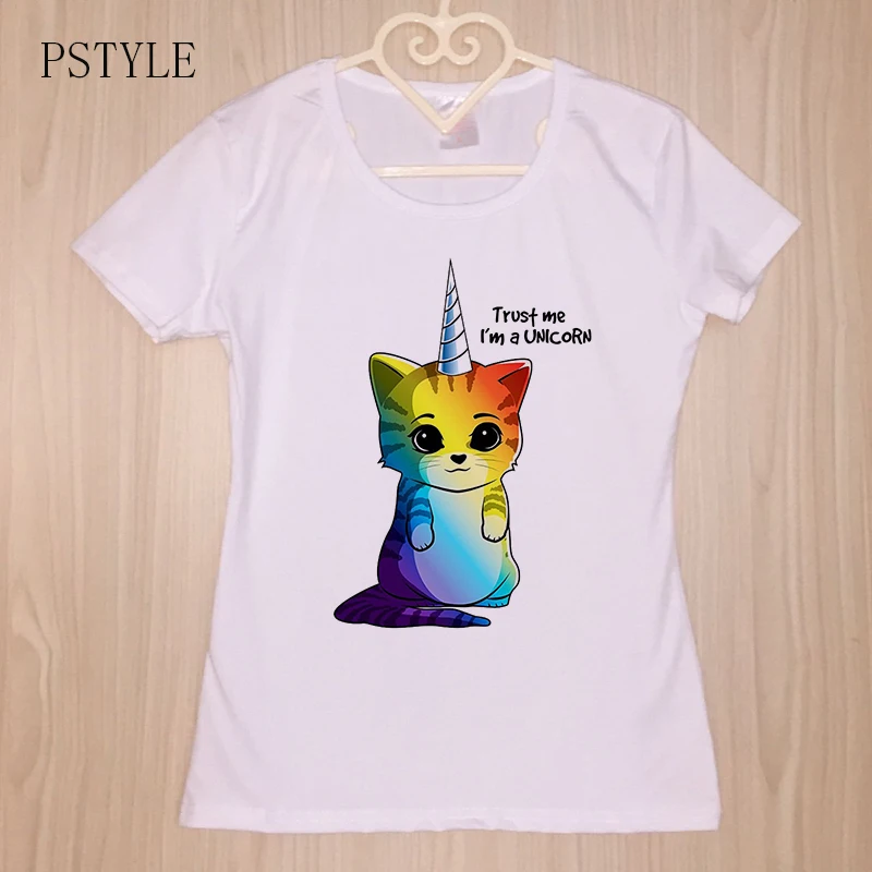 

PSTYLE Kawaii Rainbow Unicorn Cat Printed T Shirt Women Summer Animal T-shirt Short Sleeve Harajuku Femme tshirt White Tee Tops
