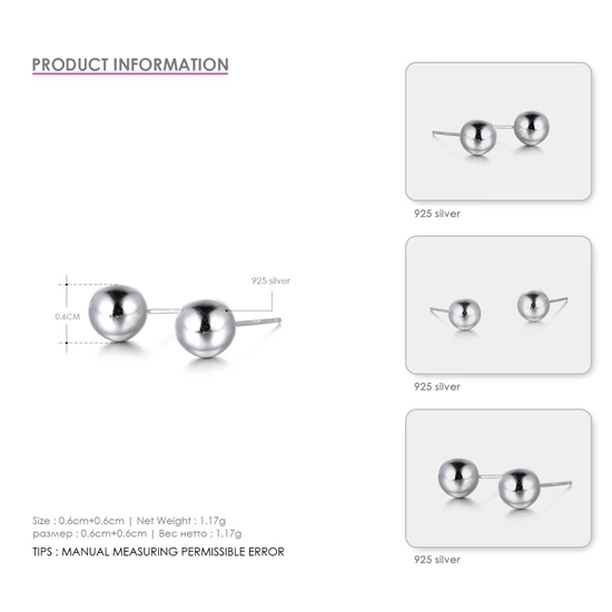 EManco 925 серебряные серьги для женщин, ювелирные изделия из стерлингового серебра 3-8 мм, серьги-гвоздики из бисера, подарок для женщин,, Прямая поставка - Окраска металла: 6mm Silver