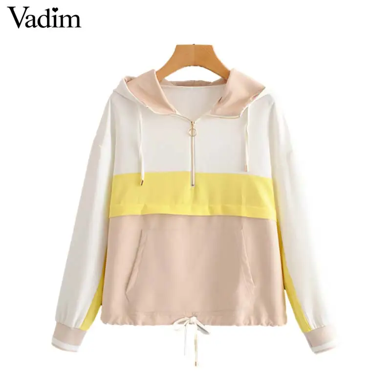 

Vadim women elegant patchwork hooded jacket pockets Drawstring tie loose coat female casual outerwear fashion chic tops CA487
