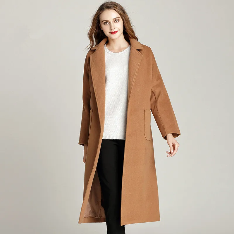 

Woolen Winter Coat Female X-long 2017 Winter Fashion Turn Collar Cardigan Belt M-5XL Plus Size Loose Simple Warm Coat Star Style