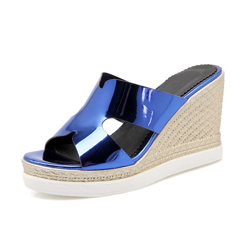 Big Size 33-43 Summer Woman Shoes Platform Metallic Leather Pink Slides Wedge Beach High Heel Slippers For Women Blue Lady Shoes (2)