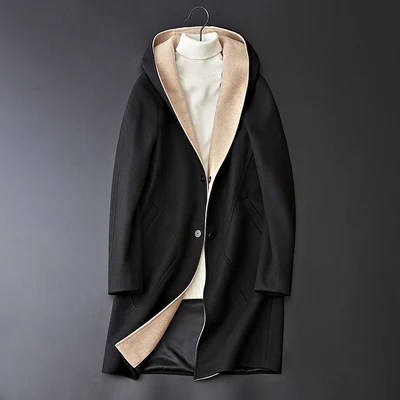 Новинка, Стильное мужское пальто, модная повседневная куртка с капюшоном, Мужская одежда, мужская деловая ветровка, мужское классическое пальто-Тренч для мужчин - Цвет: Черный