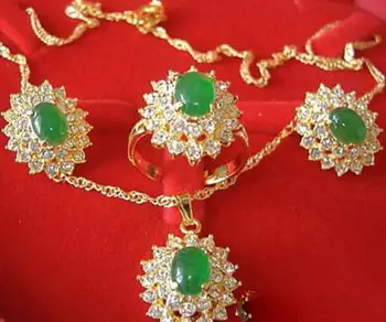 

wholesale choker jewelry sets for women anime Wedding Green gem Crystal Pendant Earrings Ring Necklace