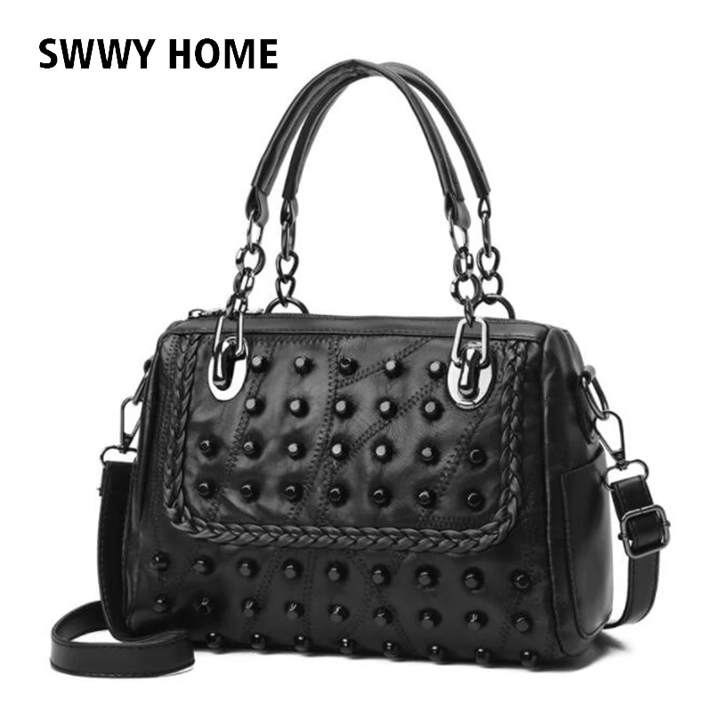 

Brand Designer Women Handbags Messenger Bags Splicing Sheepskin Leather Shoulder Bag With Rivet Ladies Crossbody Bags Sac A Main