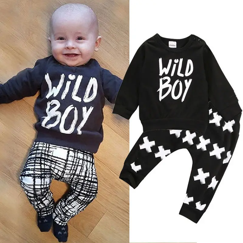Newborn Baby Boys Outfit Set Wild Boy Tops Letters T Shirt Long