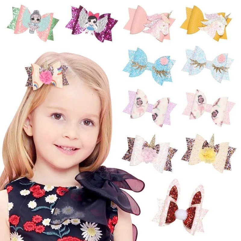

1 Pieces Baby Girl Sequined Bowknots Unicorn Flower Infant Hair Accessory PU Newborn Headwear Tiara Gift Toddlers Clips Hairpins