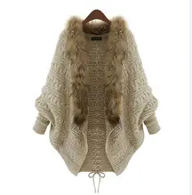 2018 Oversize Autumn Cape Winter Women Fur Neck Knitted Cardigans Female Long Batwing Sleeves Vintage Open Stitch Sweater Shirt