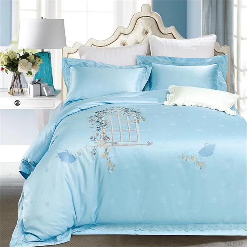 الفاخرة الجاكار و التطريز lacework مجموعة مفروشات الملكة الملك الحجم بلون الذهب الأزرق الوردي الأحمر النعناع الأخضر القطن السرير صحائف