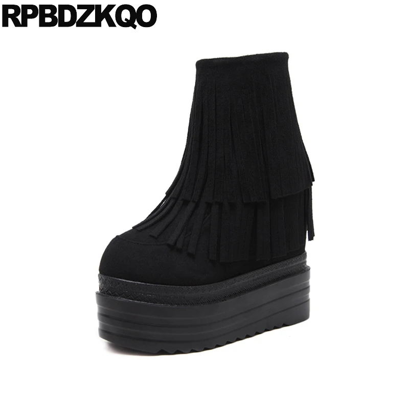 

Fashion Women Ankle Boots 2016 Round Toe Elevator Muffin Black Fringe Platform Extreme Creepers Hidden Ladies Flat Booties Shoes