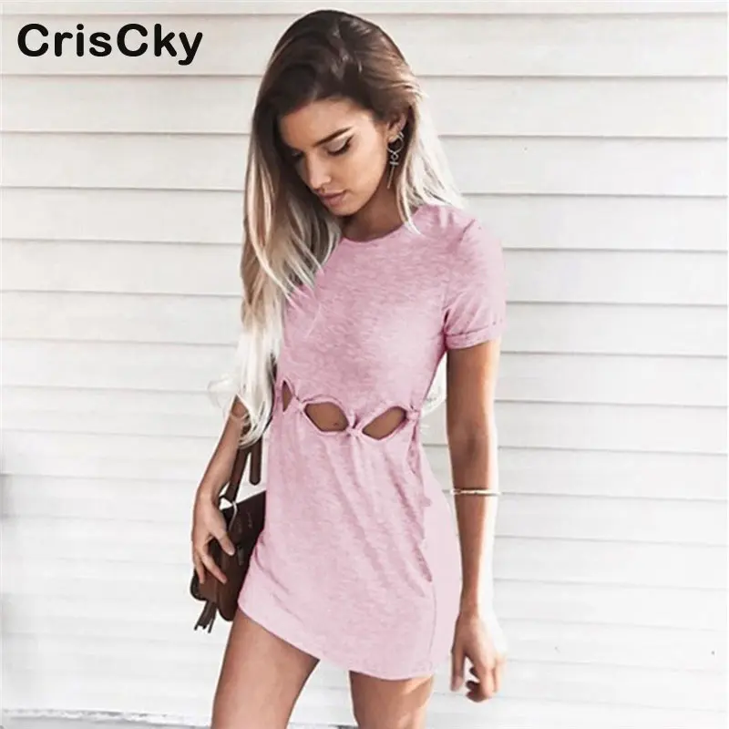 CRISCKY Hot Summer Solid Dress Woman Sexy O Neck Short Sleeve Hollow Out  Party Women Dresses Ladies Casual Dresses Vestidos